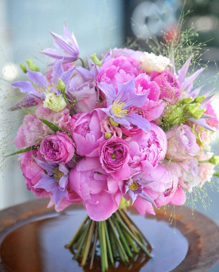 Pink Peony & Lavender Clematis Meadow Bridal Bouquet
