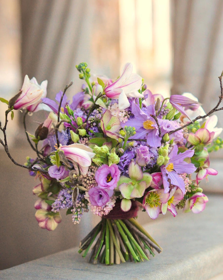 Lavender Clematis & Pink Magnolia Wildflower Bridal Bouquet
