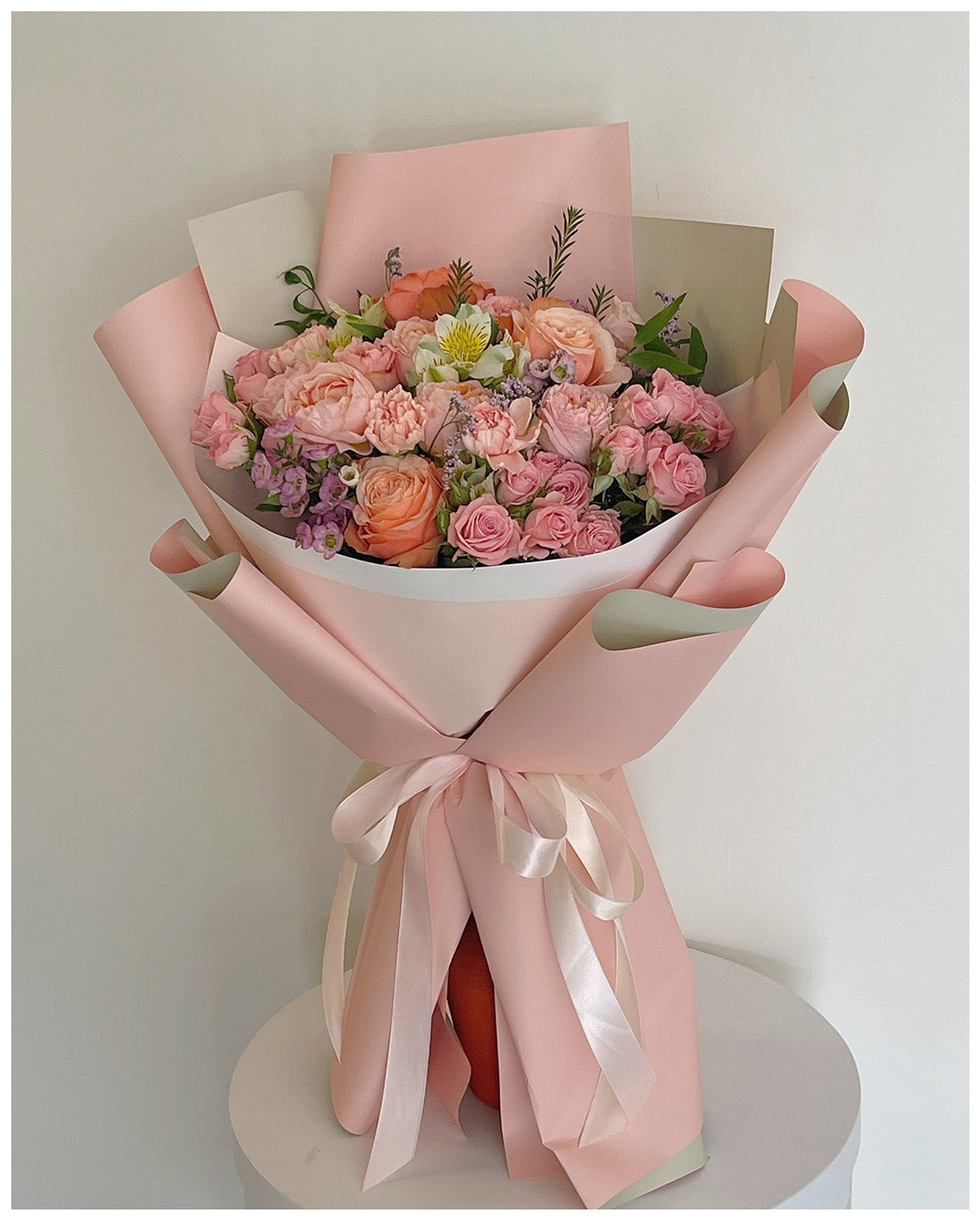 Peach Garden Rose & Pink Spray Bouquet