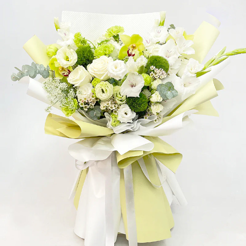 White Rose & Cymbidium Orchid Lime Bouquet