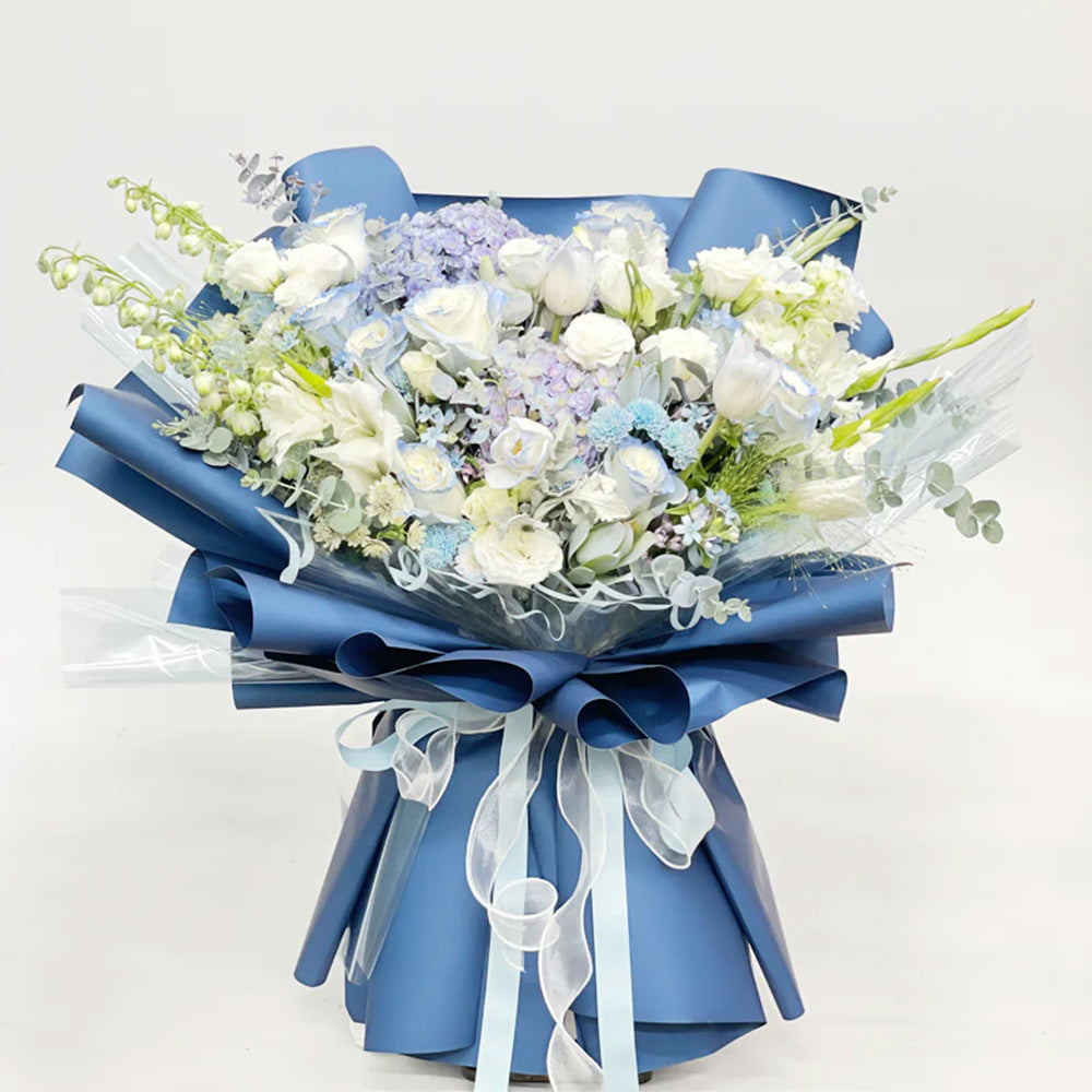 Royal Blue Hydrangea & Ivory Rose Bouquet