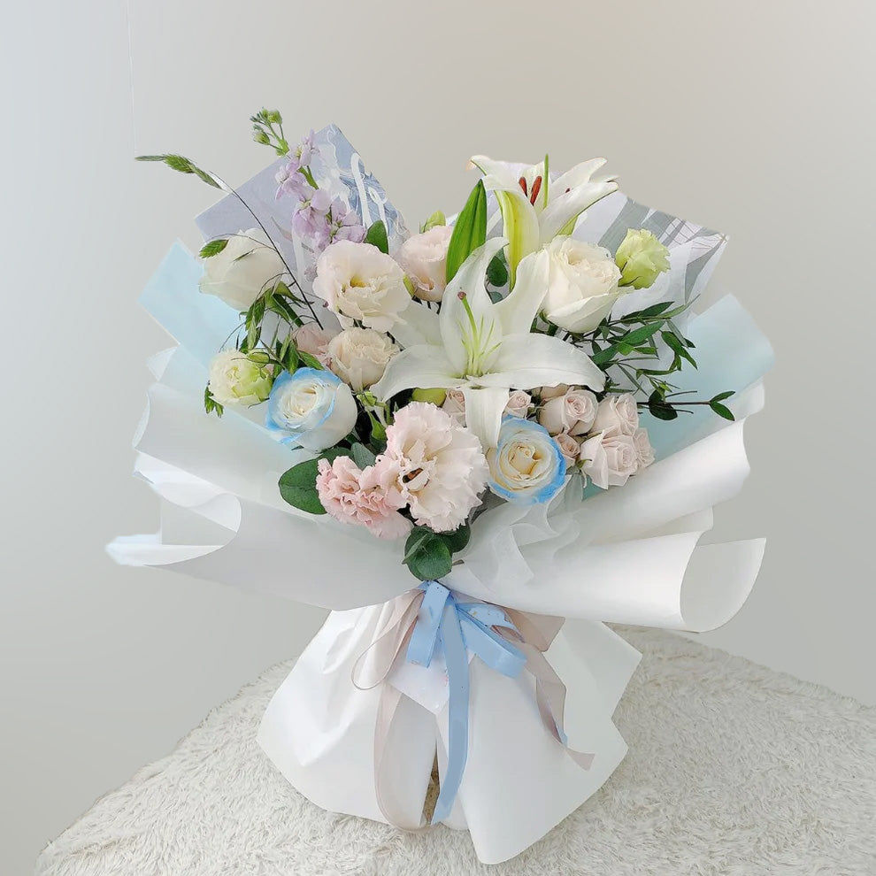 White lilies blue-tinged blooms Hand-Tied Bouquet