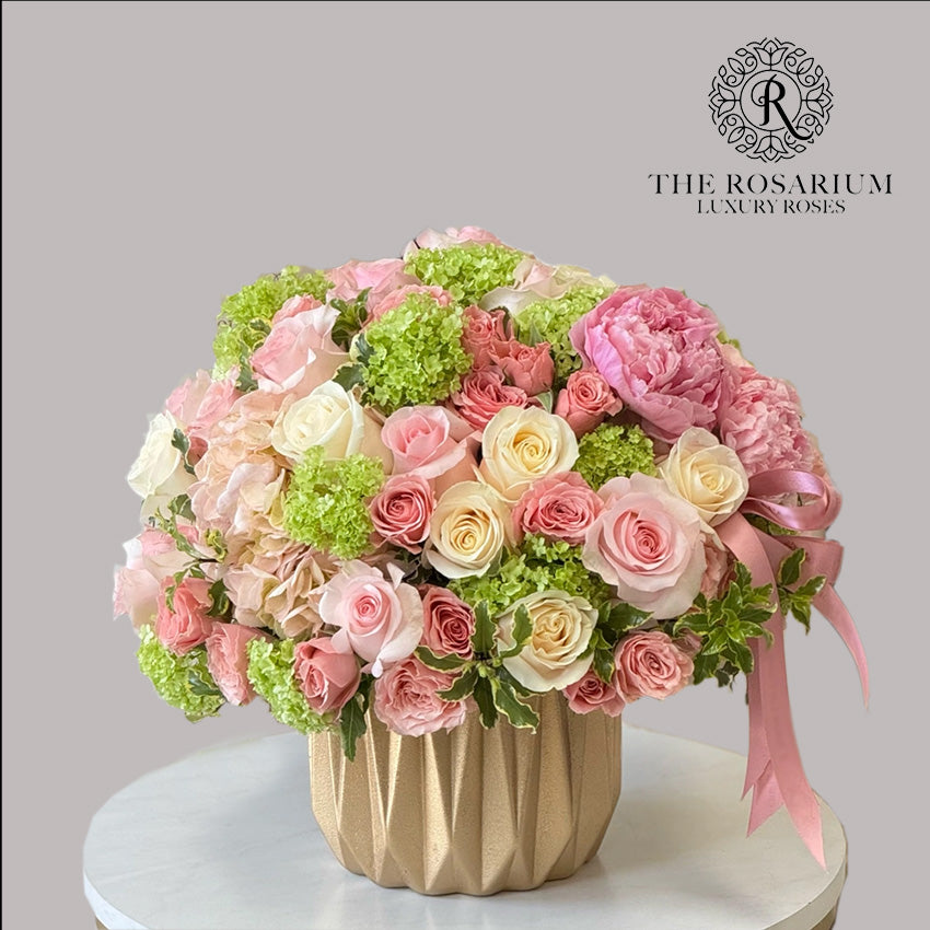 Luxury Pink Peony & Green Hydrangea Geometric Gold Vase Arrangement