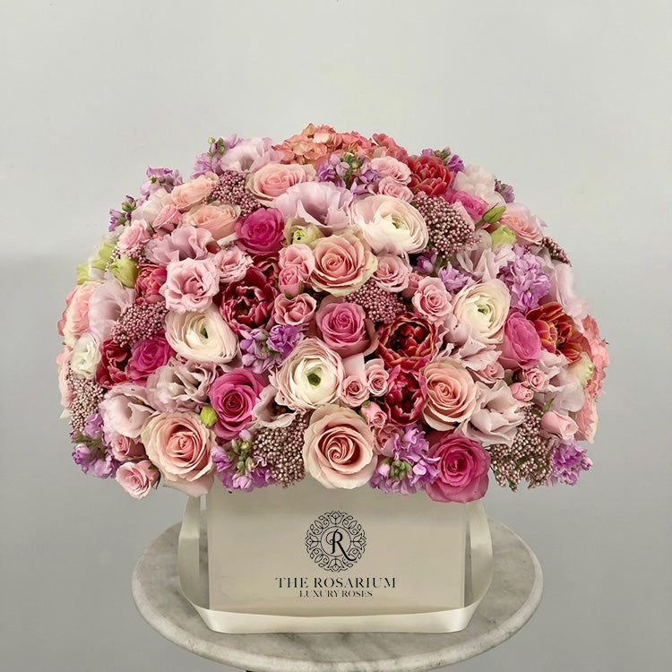 Luxury Pink Mixed Rose & Cream Ranunculus Box Arrangement