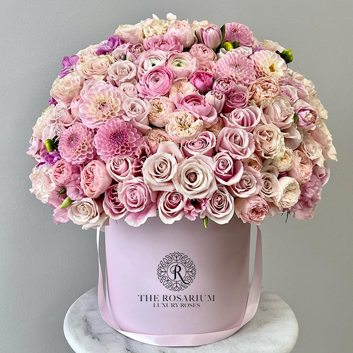Luxury Pink Pompon Dahlia & Lavender Rose Pink Box Arrangement