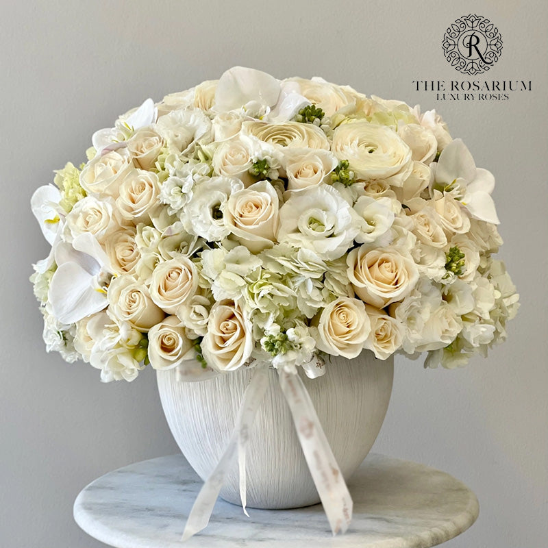 Luxury White Orchid & Cream Ranunculus Ceramic Bowl Arrangement