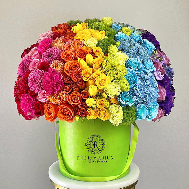 Luxury Rainbow Mixed Flower Lime Green Box Arrangement