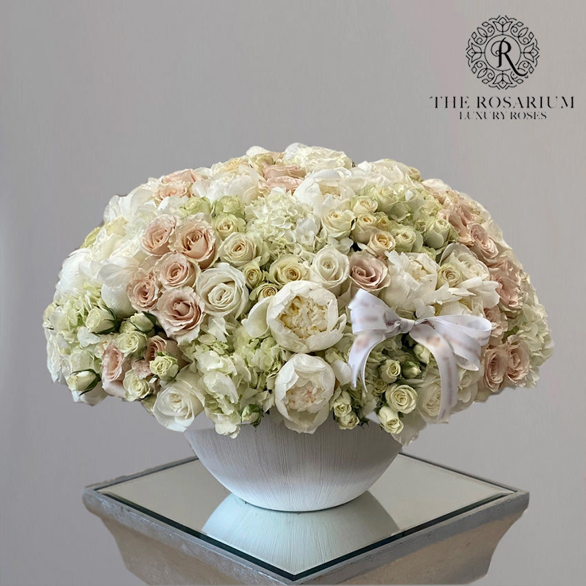 Luxury White Peony & Cream Spray Rose Ceramic Bowl Arrangement