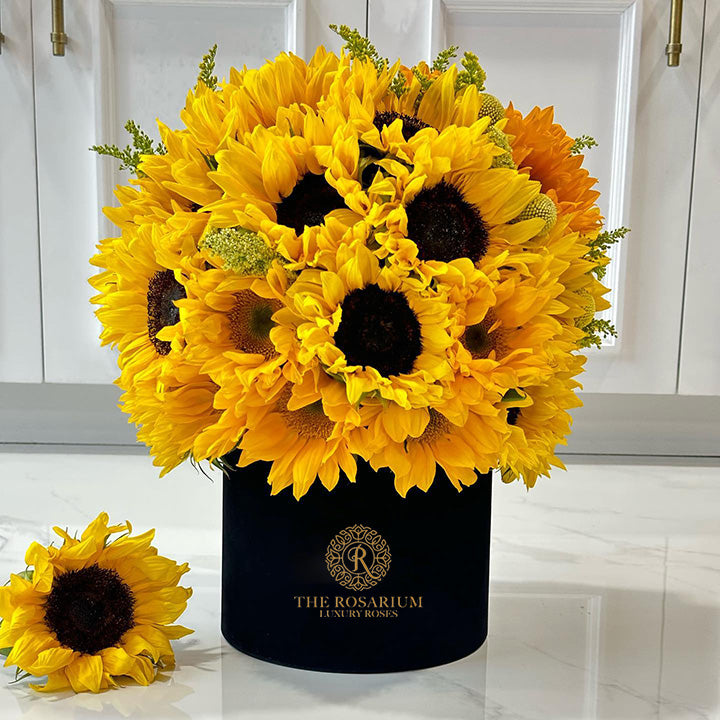 Sunflower & Solidago Velvet Box Arrangement