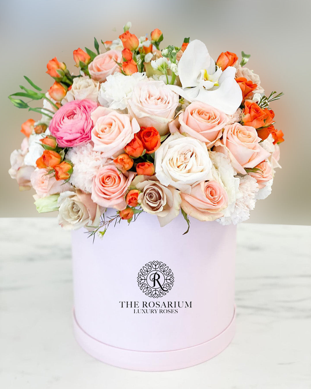 Peach Rose & Orange Spray Box Arrangement