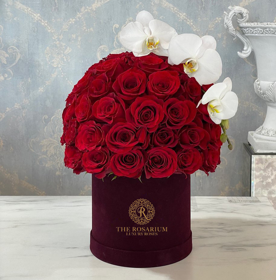 Classic Red Rose & White Orchid Box Arrangement