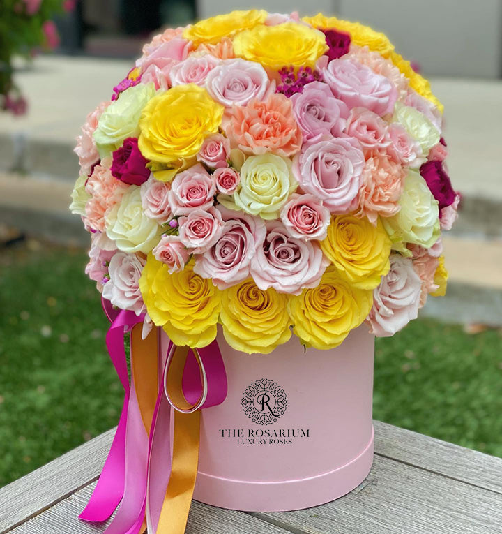 Yellow Rose & Pastel Mixed Carnation Box Arrangement