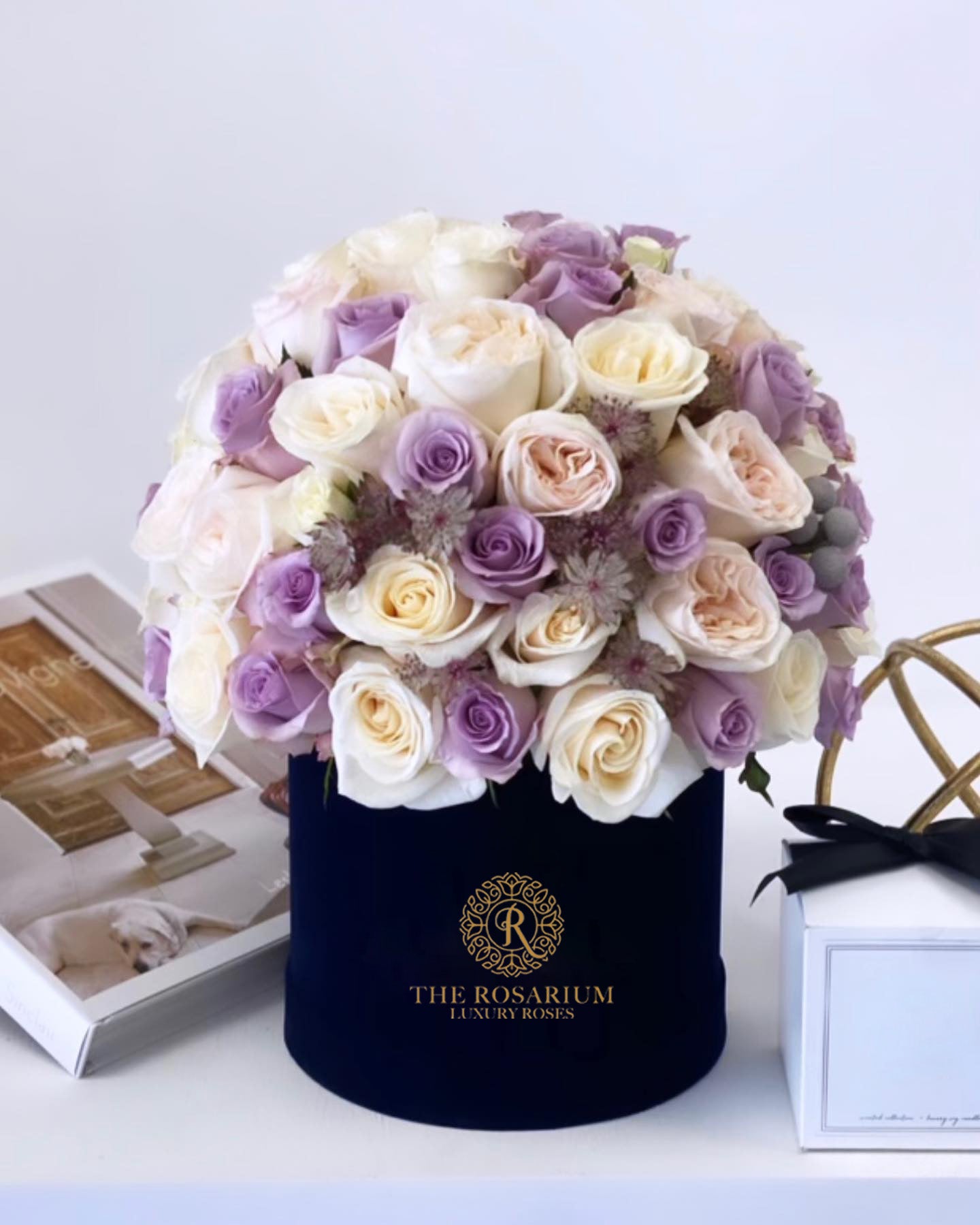 Lavender Rose & Cream Garden Rose Velvet Box Arrangement