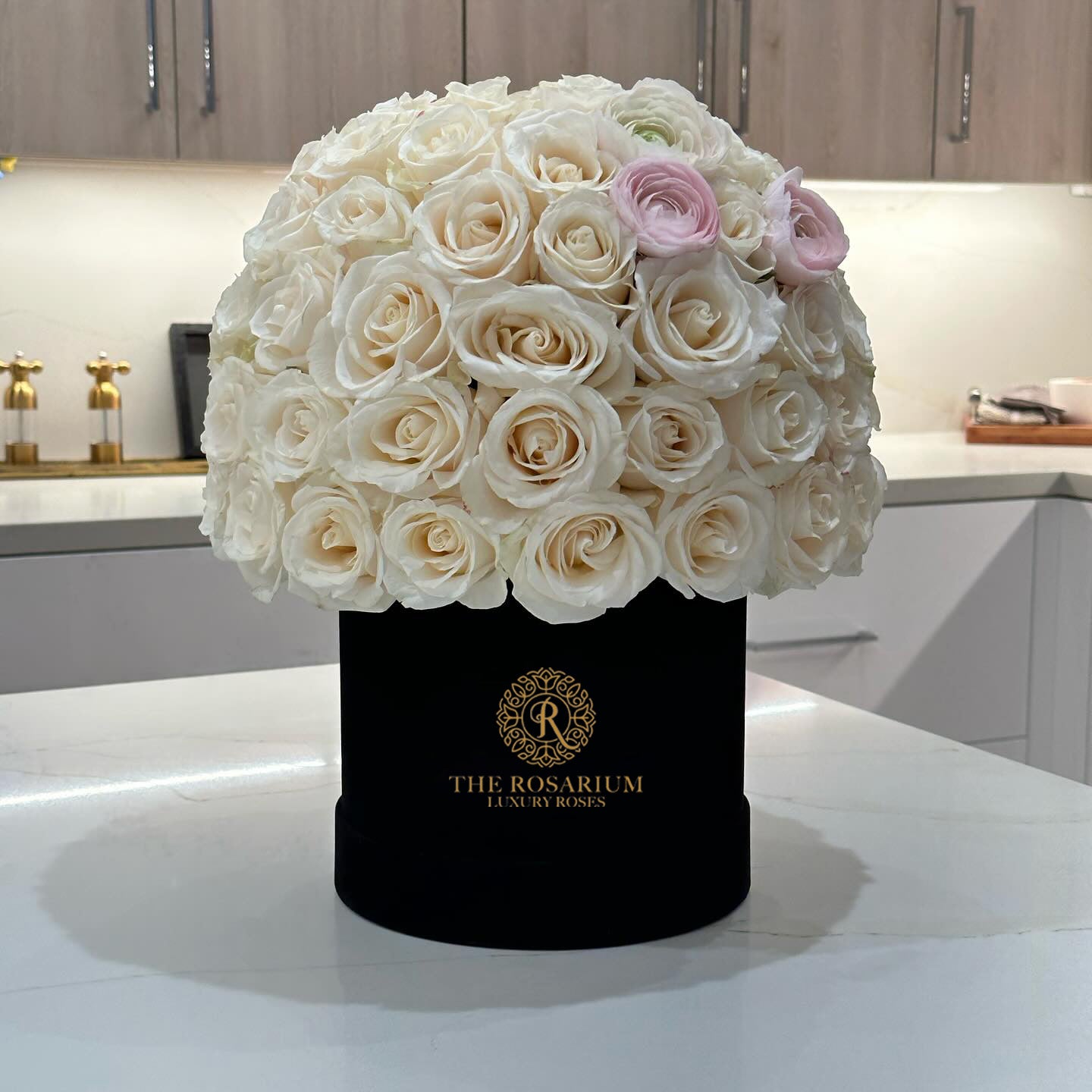 White Rose & Pastel Ranunculus Velvet Box Arrangement