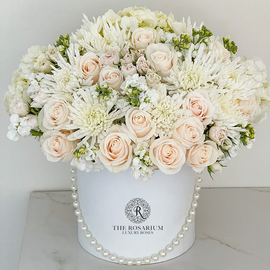 Cream Rose & White Spider Chrysanthemum Box Arrangement