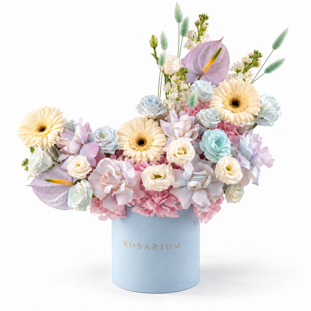 Azure Drift main view, blue and blush hydrangea, white roses, cream gerberas, white lisianthus and lilac anthuriums in a powder blue Rosarium box
