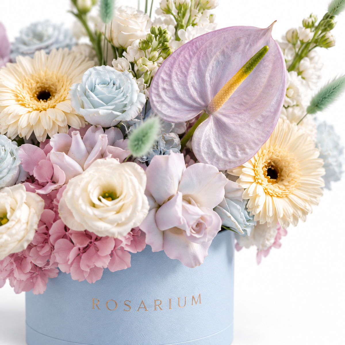 Azure Drift floral detail, blue and blush hydrangea, white roses, cream gerberas, white lisianthus and lilac anthuriums in a powder blue Rosarium box