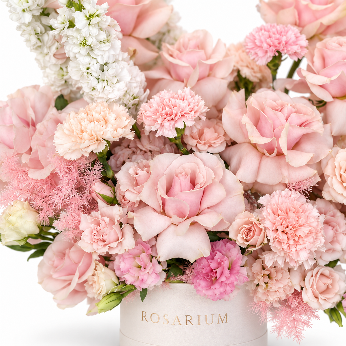Blush on Pointe floral detail, blush roses, pink spray roses, pale carnations and white stock in a off-white Rosarium box