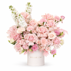 Blush on Pointe main view, blush roses, pink spray roses, pale carnations and white stock in a off-white Rosarium box