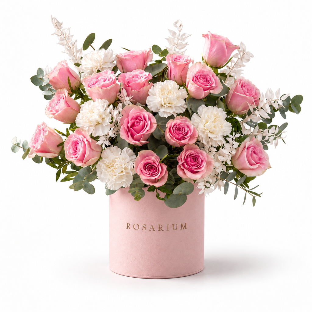 Rosita Ruffle main view, pink roses and white carnations in a light pink Rosarium box