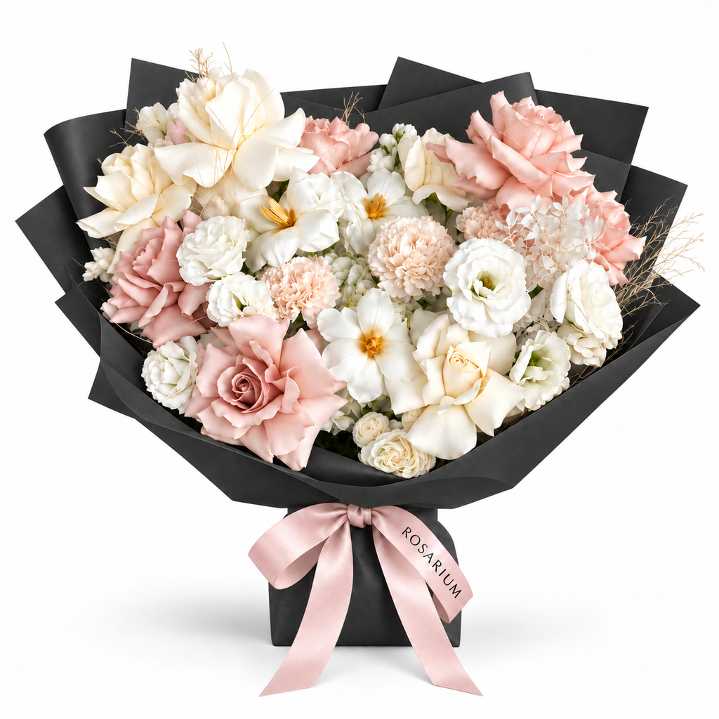 Soft-Spoken Romance, white and blush roses, tulips, lisianthus and carnations in black wrapping