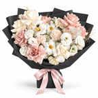 Soft-Spoken Romance, white and blush roses, tulips, lisianthus and carnations in black wrapping