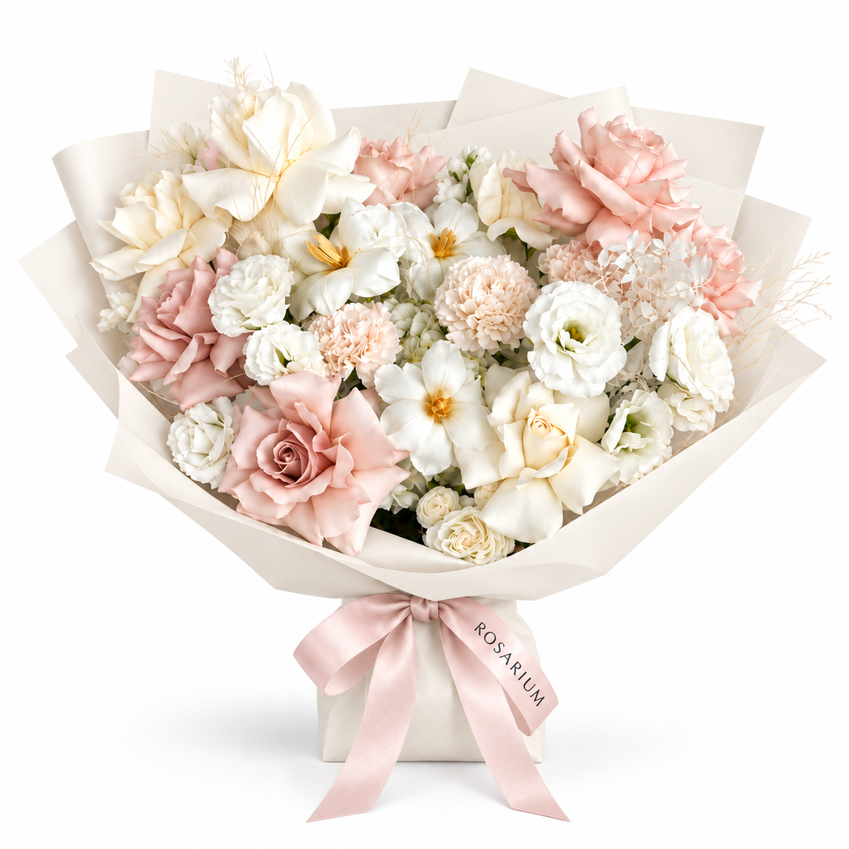 Soft-Spoken Romance, white and blush roses, tulips, lisianthus and carnations in off-white wrapping