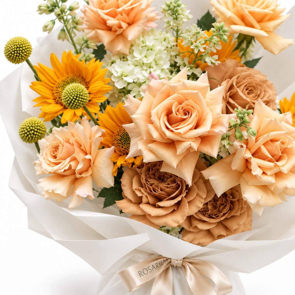 Apricot Sunshine, apricot roses, sunflowers, cream stock and hydrangea, floral detail