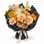 Apricot Sunshine, apricot roses, sunflowers, cream stock and hydrangea in black wrapping