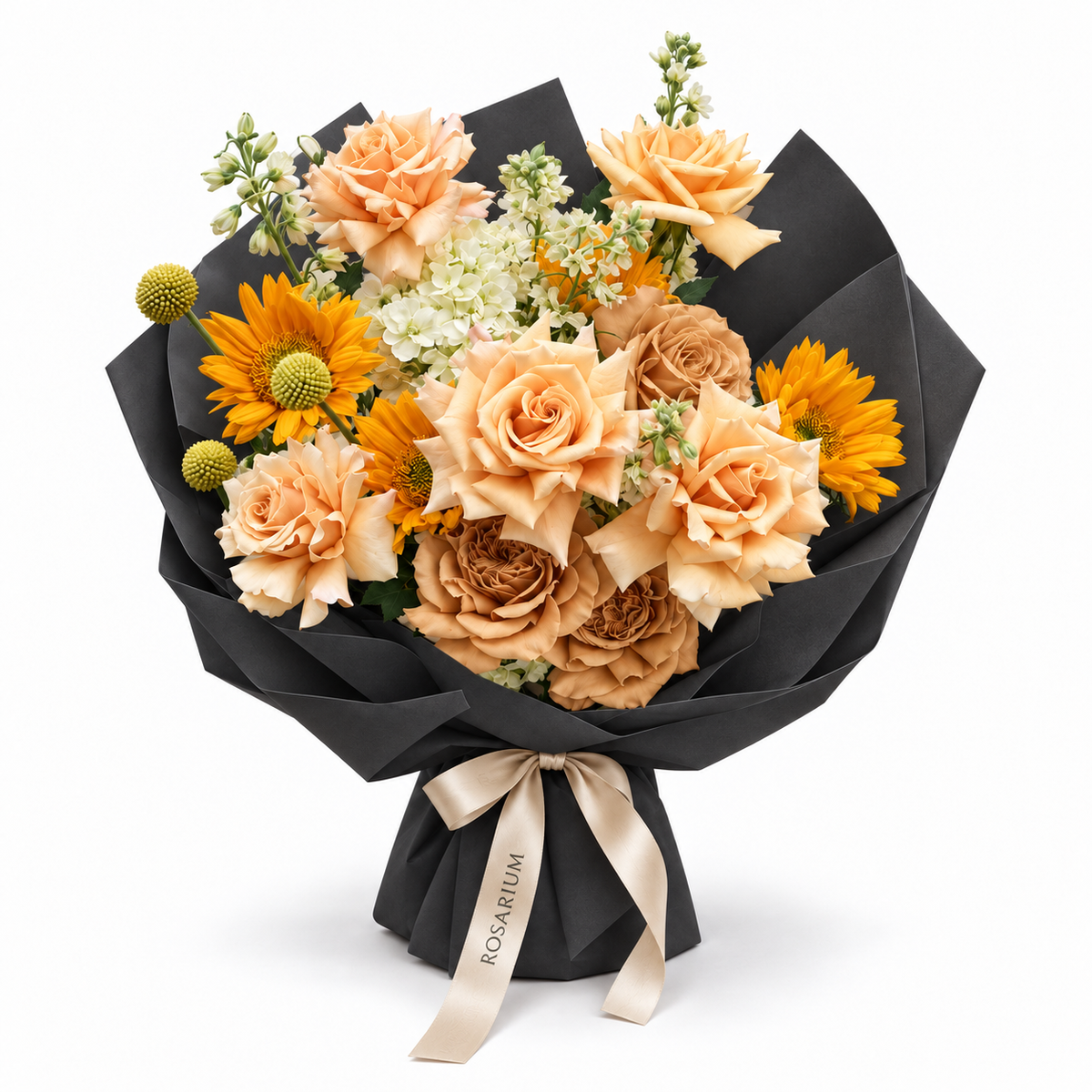 Apricot Sunshine, apricot roses, sunflowers, cream stock and hydrangea in black wrapping