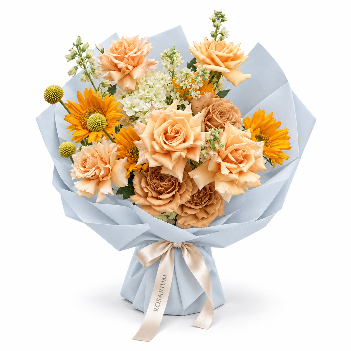 Apricot Sunshine, apricot roses, sunflowers, cream stock and hydrangea in blue wrapping
