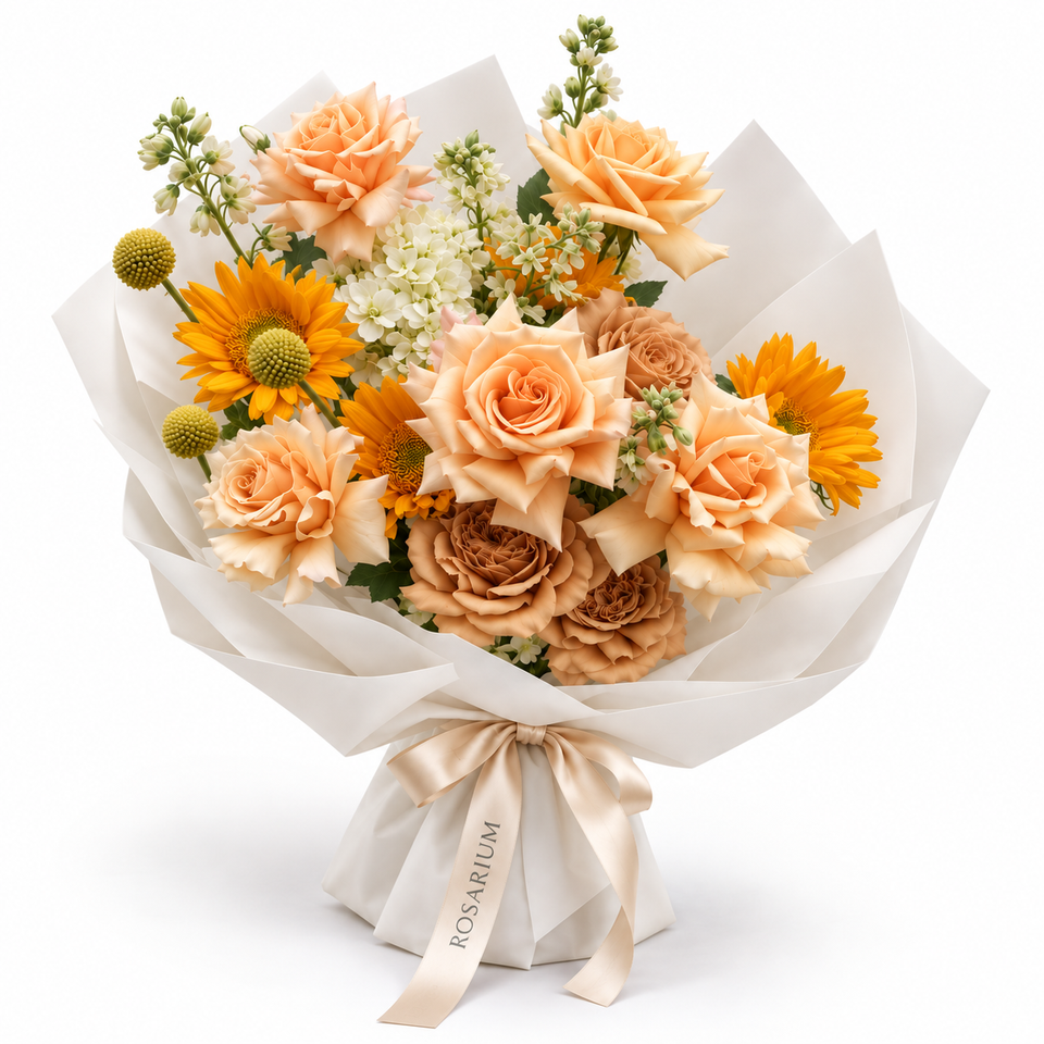 Apricot Sunshine, apricot roses, sunflowers, cream stock and hydrangea in off-white wrapping