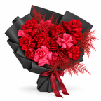 Be Mine, Loudly, red and fuchsia-pink roses in black wrapping