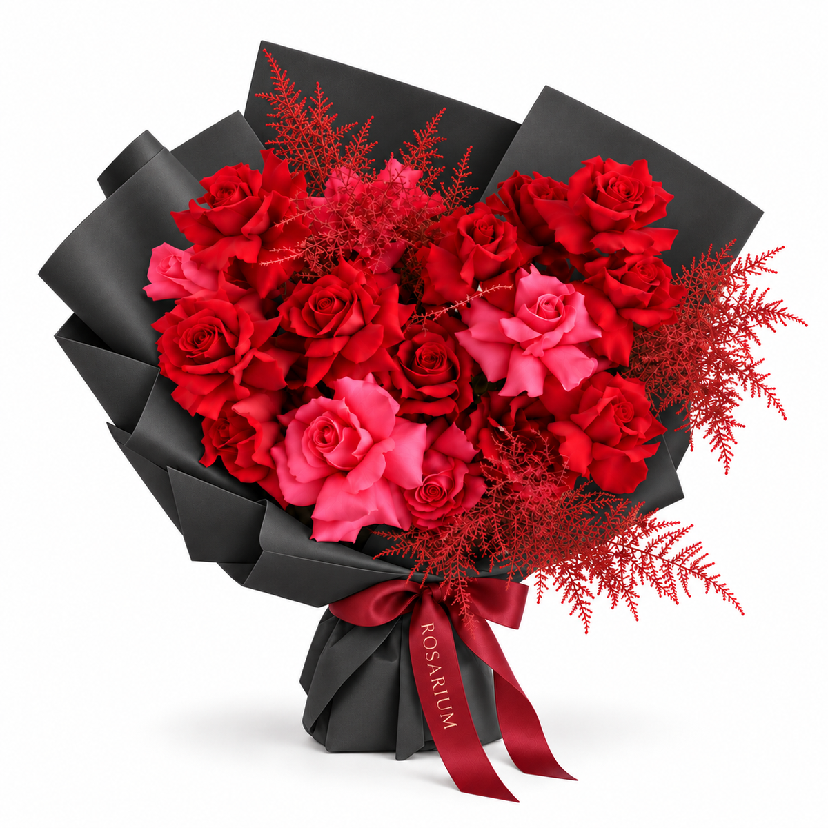 Be Mine, Loudly, red and fuchsia-pink roses in black wrapping