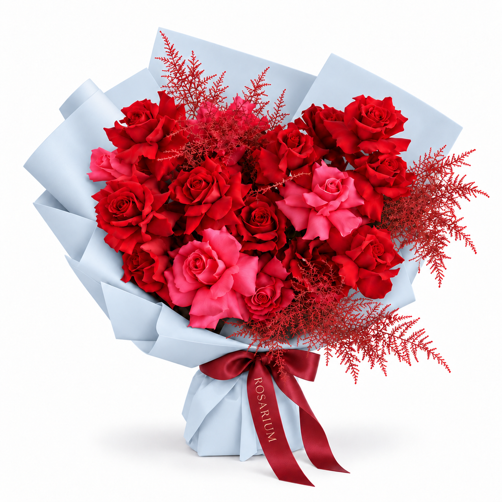 Be Mine, Loudly, red and fuchsia-pink roses in blue wrapping