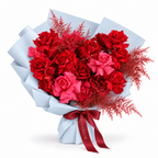 Be Mine, Loudly, red and fuchsia-pink roses in blue wrapping