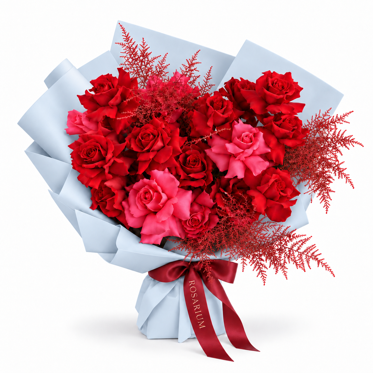 Be Mine, Loudly, red and fuchsia-pink roses in blue wrapping