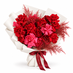 Be Mine, Loudly, red and fuchsia-pink roses in off-white wrapping