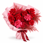 Be Mine, Loudly, red and fuchsia-pink roses in light pink wrapping