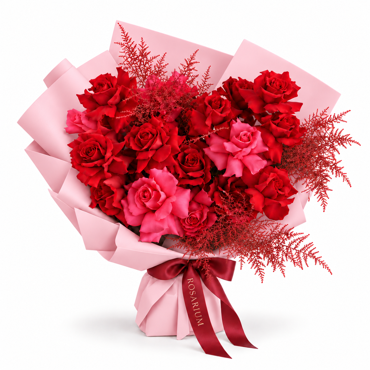 Be Mine, Loudly, red and fuchsia-pink roses in light pink wrapping
