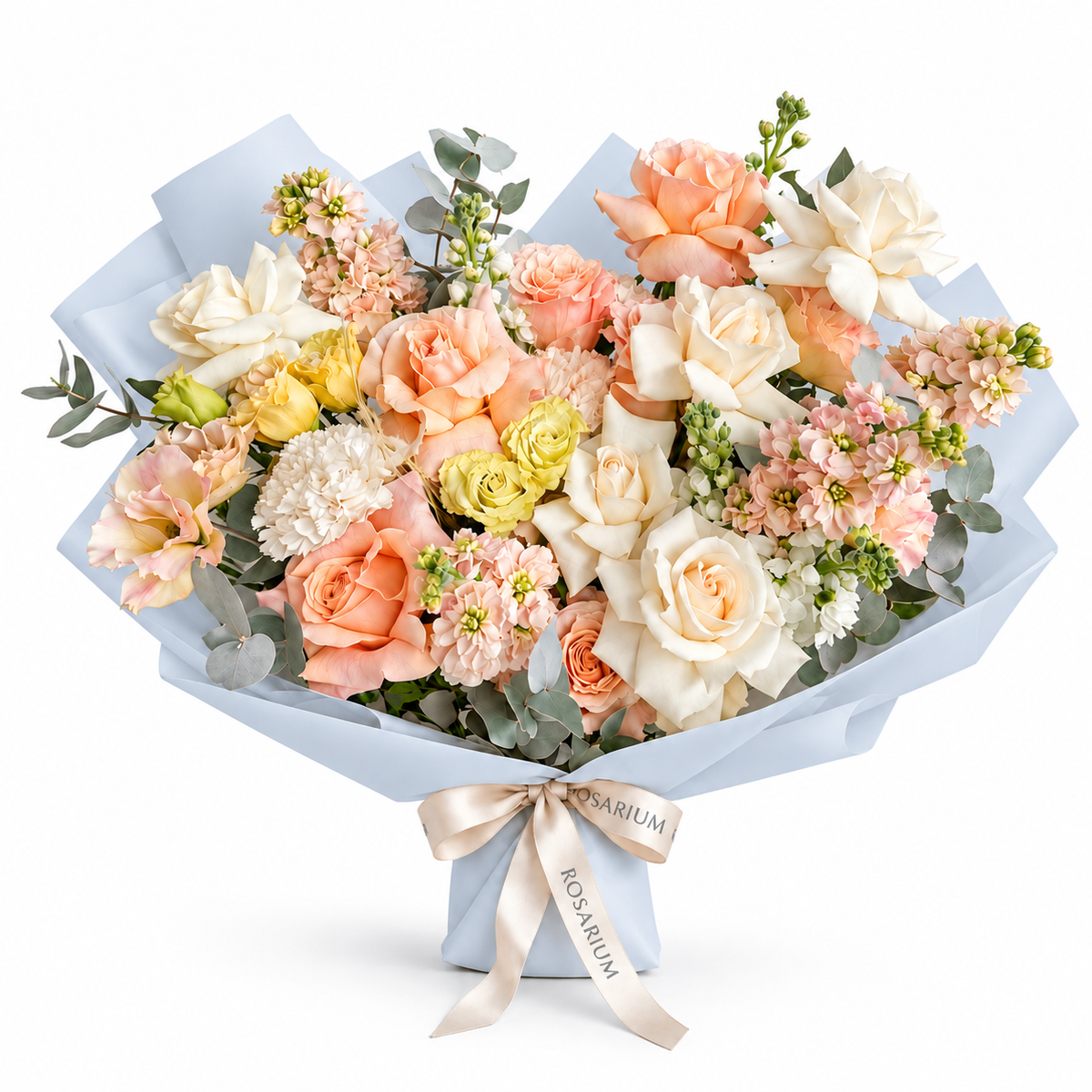Garden in Blush, white and peach roses, peach lisianthus and white stock in blue wrapping