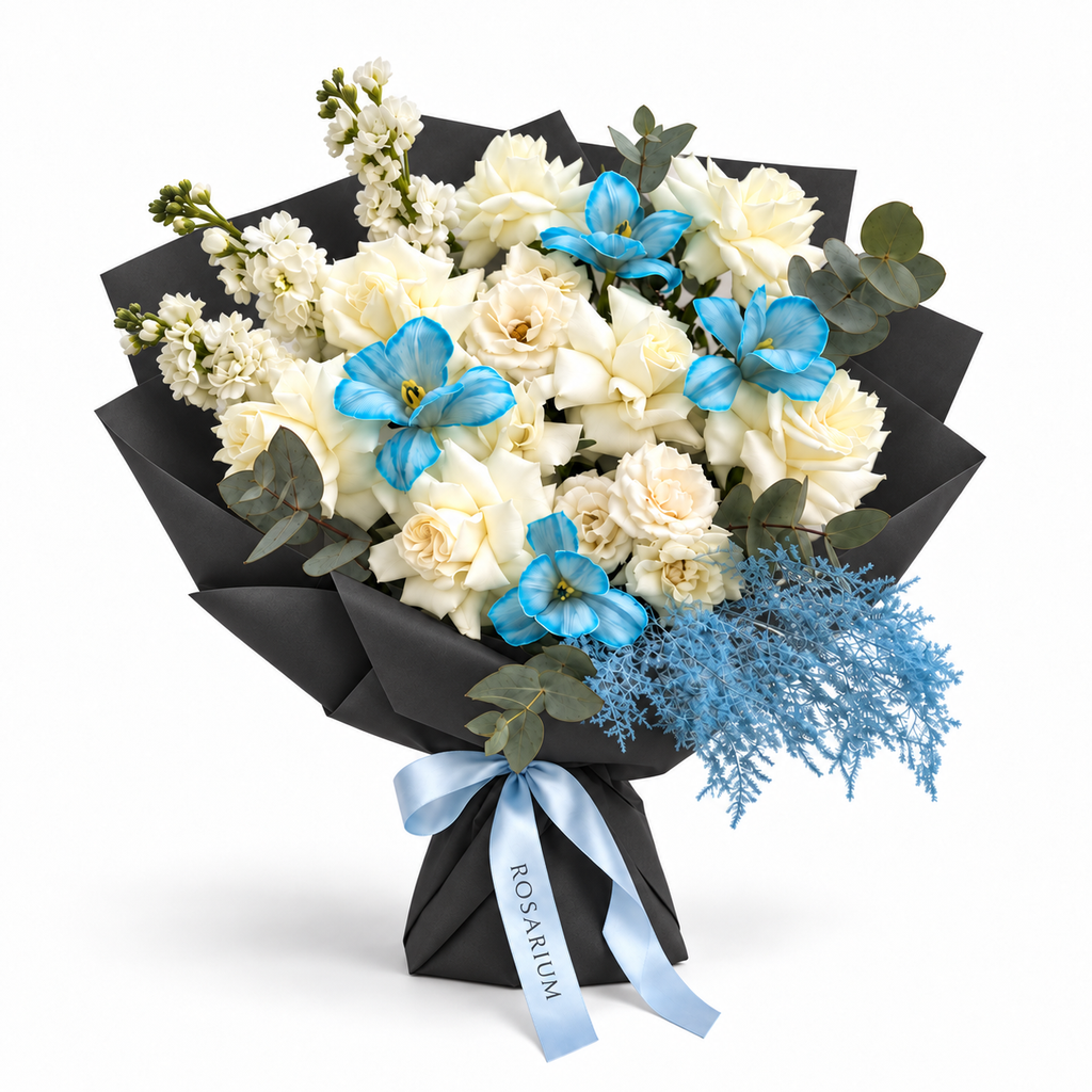 Blue Mood, ivory roses, blue-tinted orchids and white stock in black wrapping