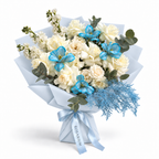 Blue Mood, ivory roses, blue-tinted orchids and white stock in blue wrapping
