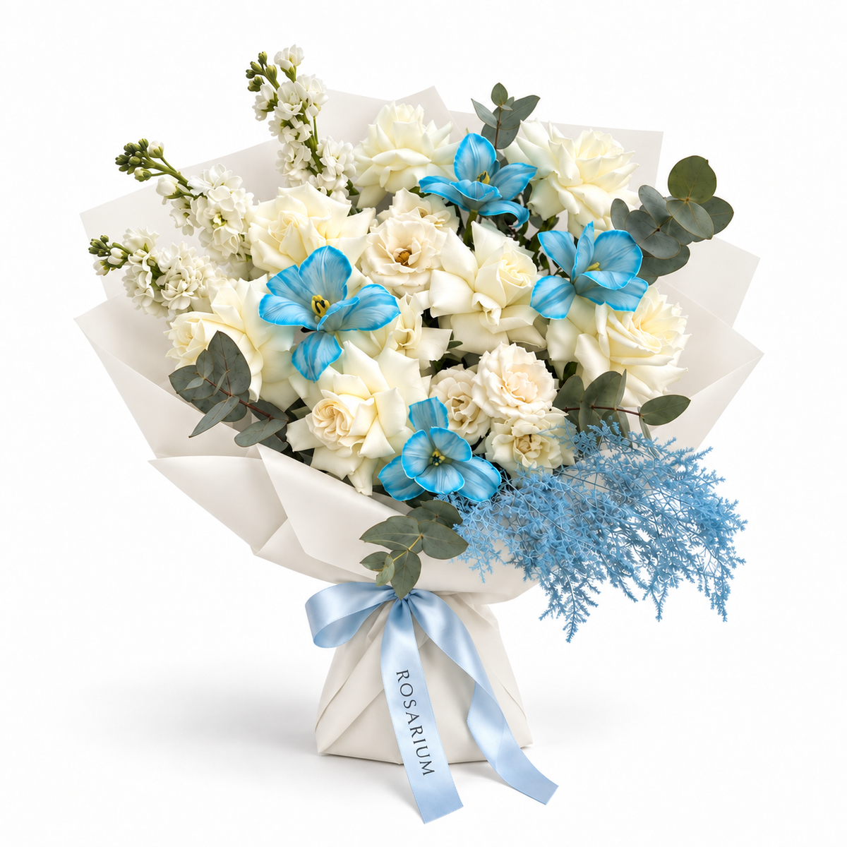 Blue Mood, ivory roses, blue-tinted orchids and white stock in off-white wrapping