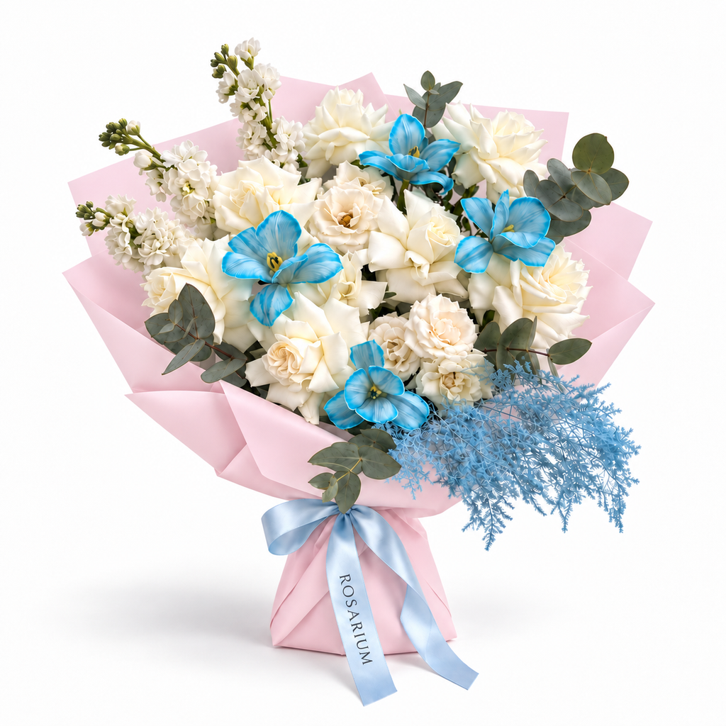 Blue Mood, ivory roses, blue-tinted orchids and white stock in light pink wrapping
