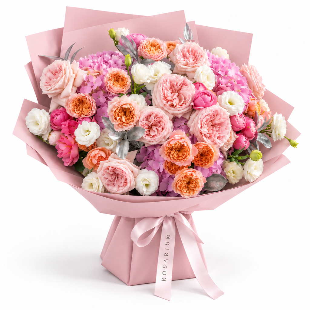 Blush, with Love, pink garden and spray roses, light-pink hydrangea and white lisianthus, angle view