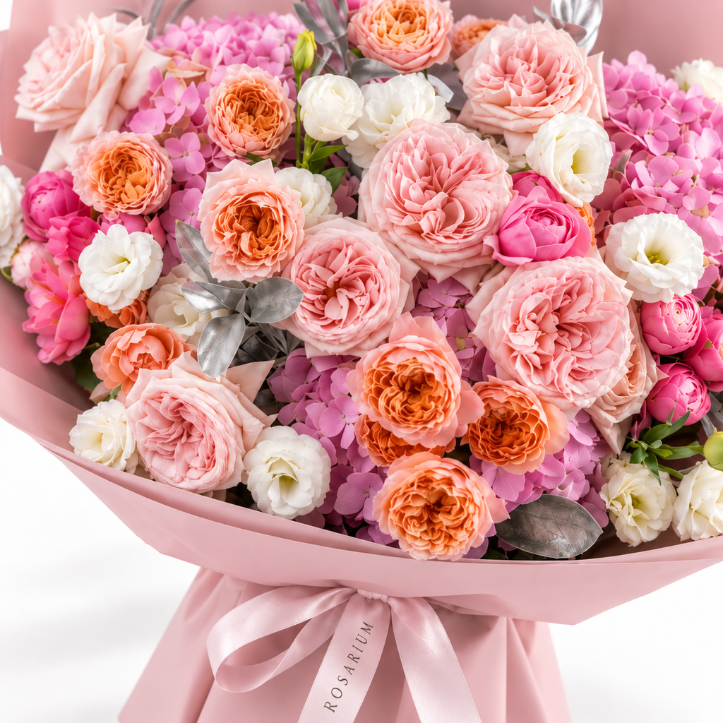 Blush, with Love, pink garden and spray roses, light-pink hydrangea and white lisianthus, floral detail