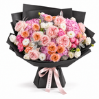 Blush, with Love, pink garden and spray roses, light-pink hydrangea and white lisianthus in black wrapping