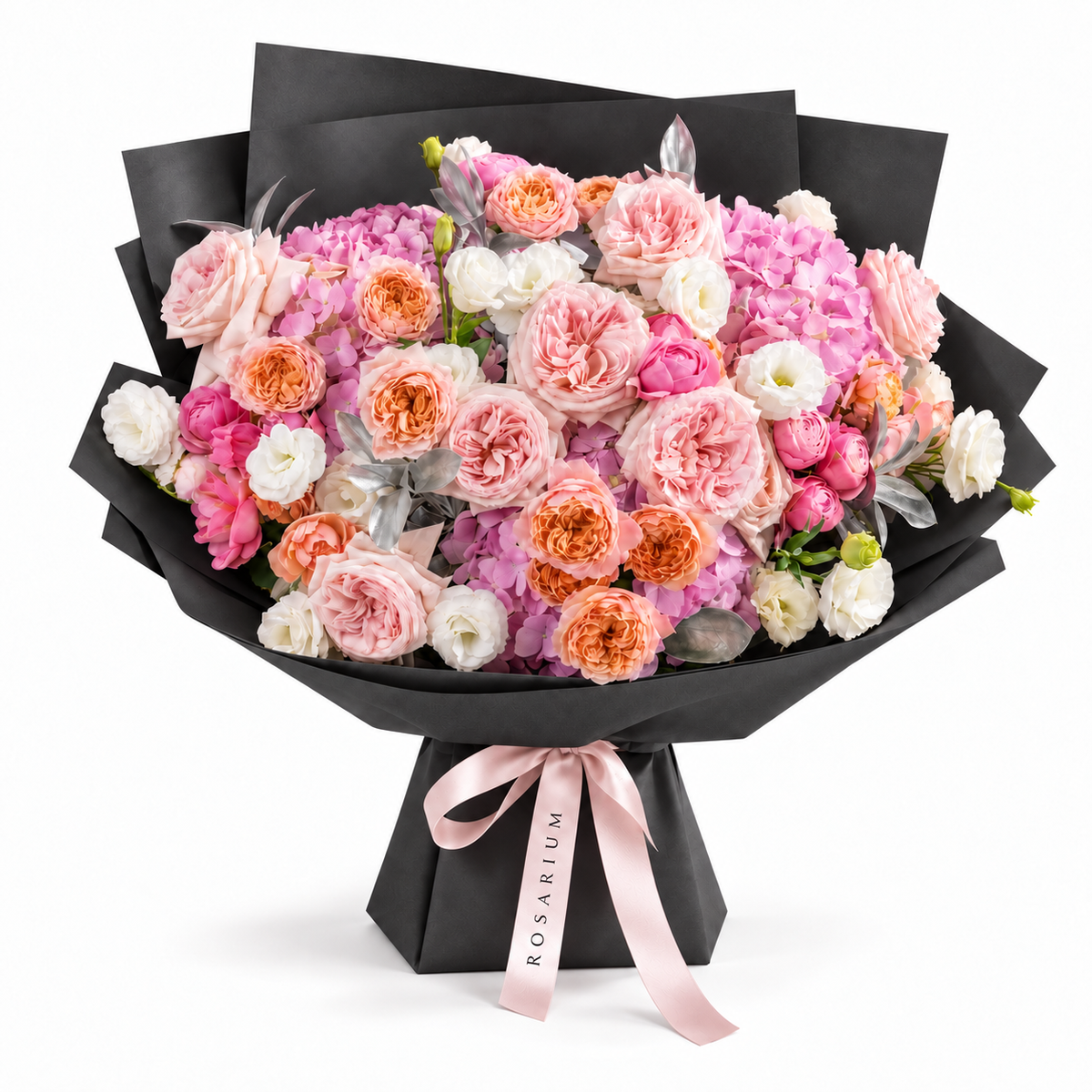 Blush, with Love, pink garden and spray roses, light-pink hydrangea and white lisianthus in black wrapping