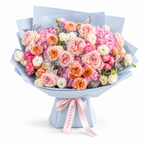 Blush, with Love, pink garden and spray roses, light-pink hydrangea and white lisianthus in blue wrapping
